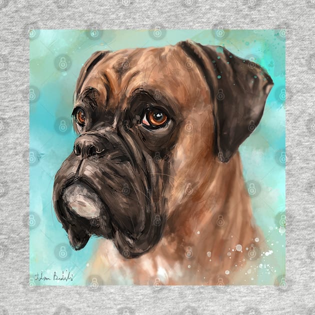 Painting of a Brown Coated Boxer Dog Looking Serious on Light Turquoise Background by ibadishi